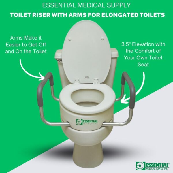 Essential Medical Supply Raised Elevated Toilet Seat Riser for an Elongated Toilet with Padded Aluminum Arms for Support and Compatible with Existing Seat, Elongated, 19 x 14 x 3.5