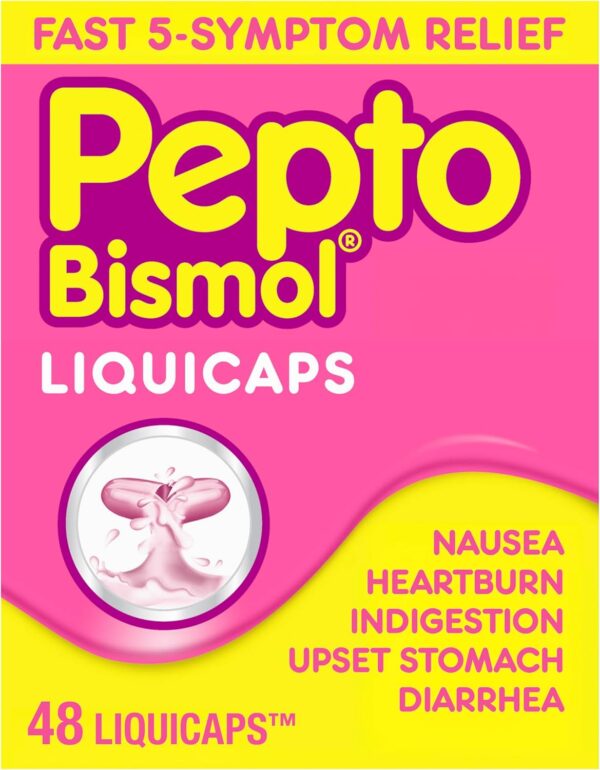 Pepto Bismol Liquicaps, Upset Stomach Relief, Bismuth Subsalicylate, Multi-Symptom Relief of Gas, Nausea, Heartburn, Indigestion, Upset Stomach, Diarrhea, 48 Liquicaps