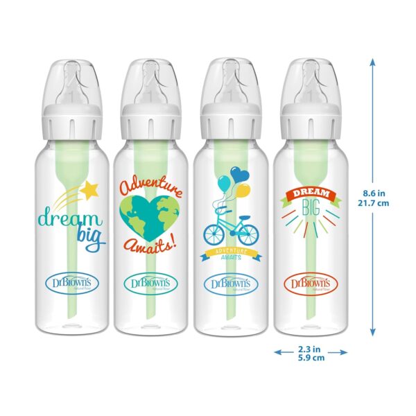 Dr. Brown’s Natural Flow Anti-Colic Options+ Narrow Baby Bottle, Dream Adventure, 8 oz/250 mL, with Level 1 Slow Flow Nipple, 0m+, 4 Count (Pack of 1)