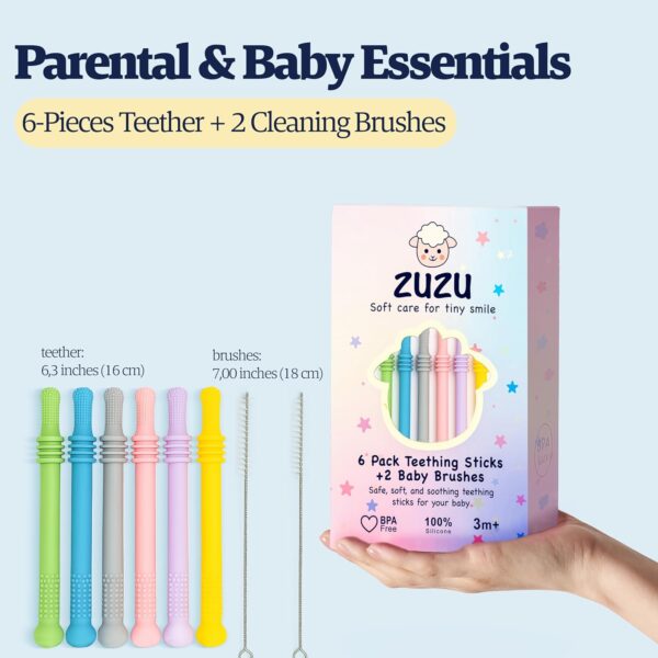 Zuzu 6‑Pieces Baby Teether Teething Sticks , Montessori Toy for 3 6 9 12 24 36 Months, Newborn, Infant Sensory Relief Toy, Parent & Baby Essentials, 0 1 2 3 Years Gift – BPA‑Free, Food‑Grade Silicone