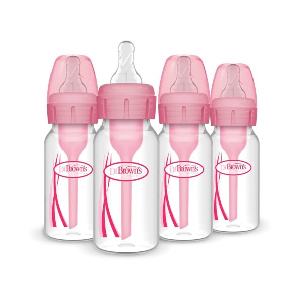 Dr. Brown's Natural Flow Anti-Colic Options+ Narrow Baby Bottle, 4 oz/120 mL, with Level 1 Slow Flow Nipple, Pink, 0m+, 4 Pack