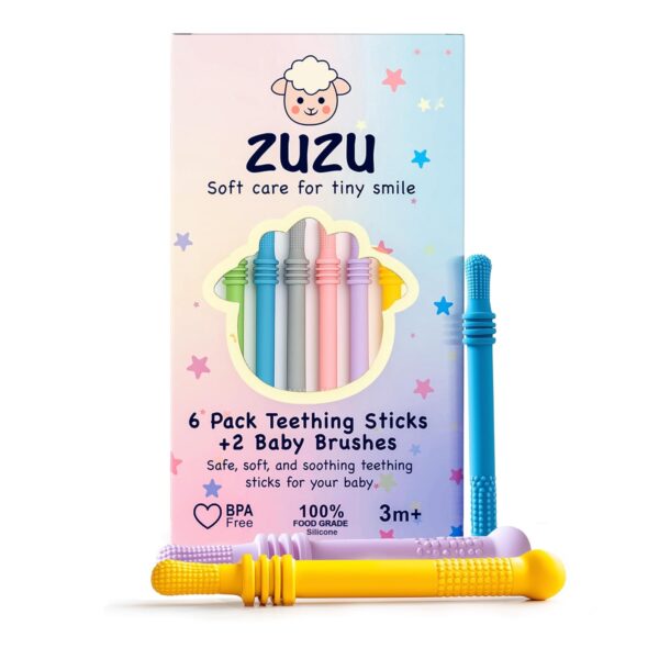 Zuzu 6‑Pieces Baby Teether Teething Sticks , Montessori Toy for 3 6 9 12 24 36 Months, Newborn, Infant Sensory Relief Toy, Parent & Baby Essentials, 0 1 2 3 Years Gift – BPA‑Free, Food‑Grade Silicone