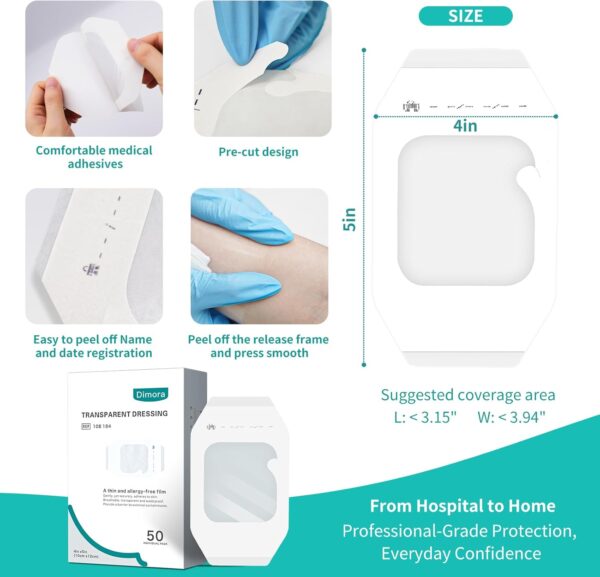 Dimora Transparent Film Dressing 50 Packs, Waterproof Adhesive Clear Bandages 4 in x 5 in, Wound Cover for IV Shield, Tattoo Aftercare Bandage(FSA/HSA Approved))