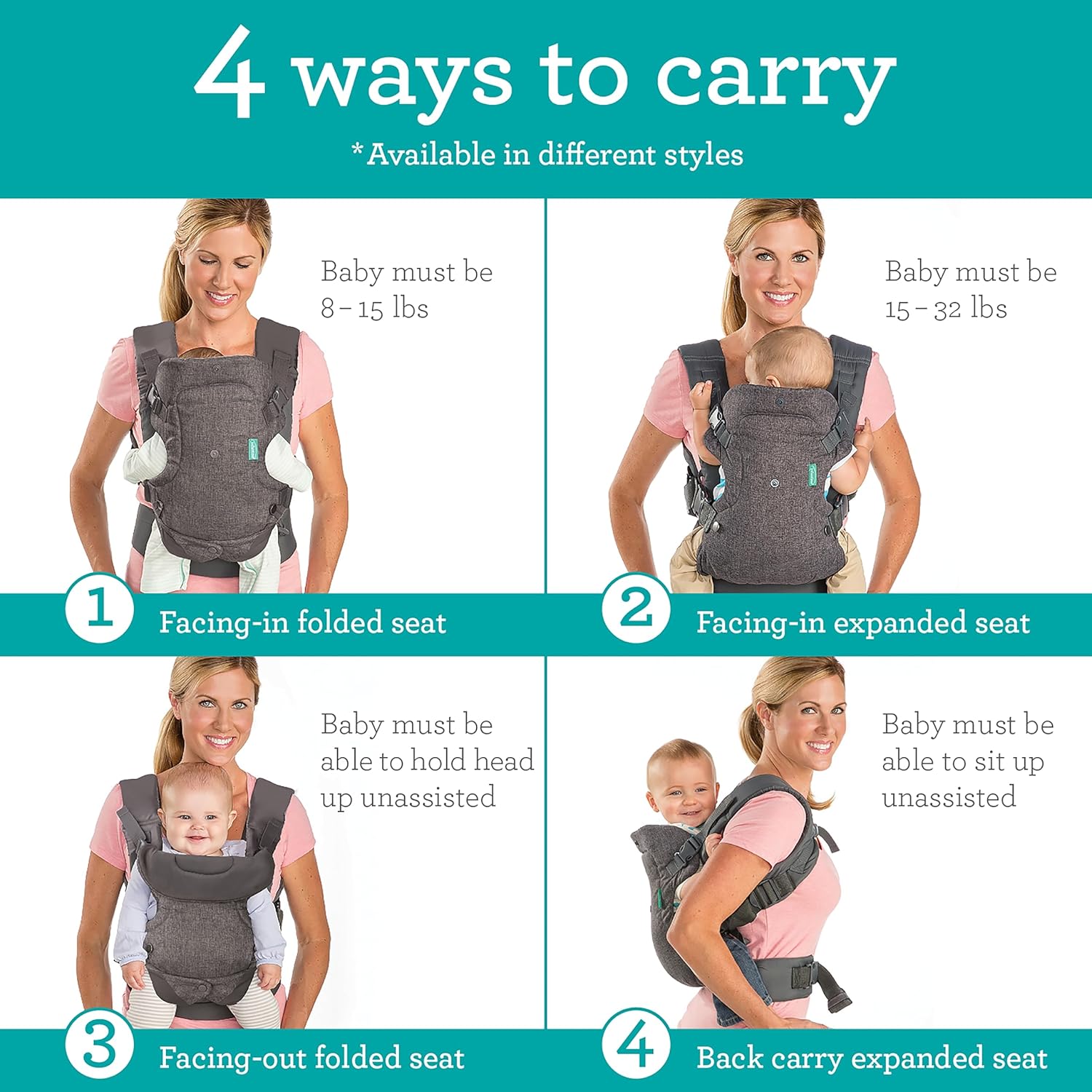 Infantino Flip 4-in-1 Convertible Baby Carrier, Adjustable, Ergonomic Babywearing, Registry Essential, Baby Carrier for Newborn to Toddler, Gray - Image 3