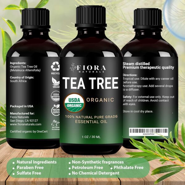 Tea Tree Essential Oil by Fiora Naturals- 100% Pure Organic Oil, for Face, Hair, Skin, Acne, Scalp, Foot and Toenails. Melaleuca Alternifolia, 1 oz /30ml