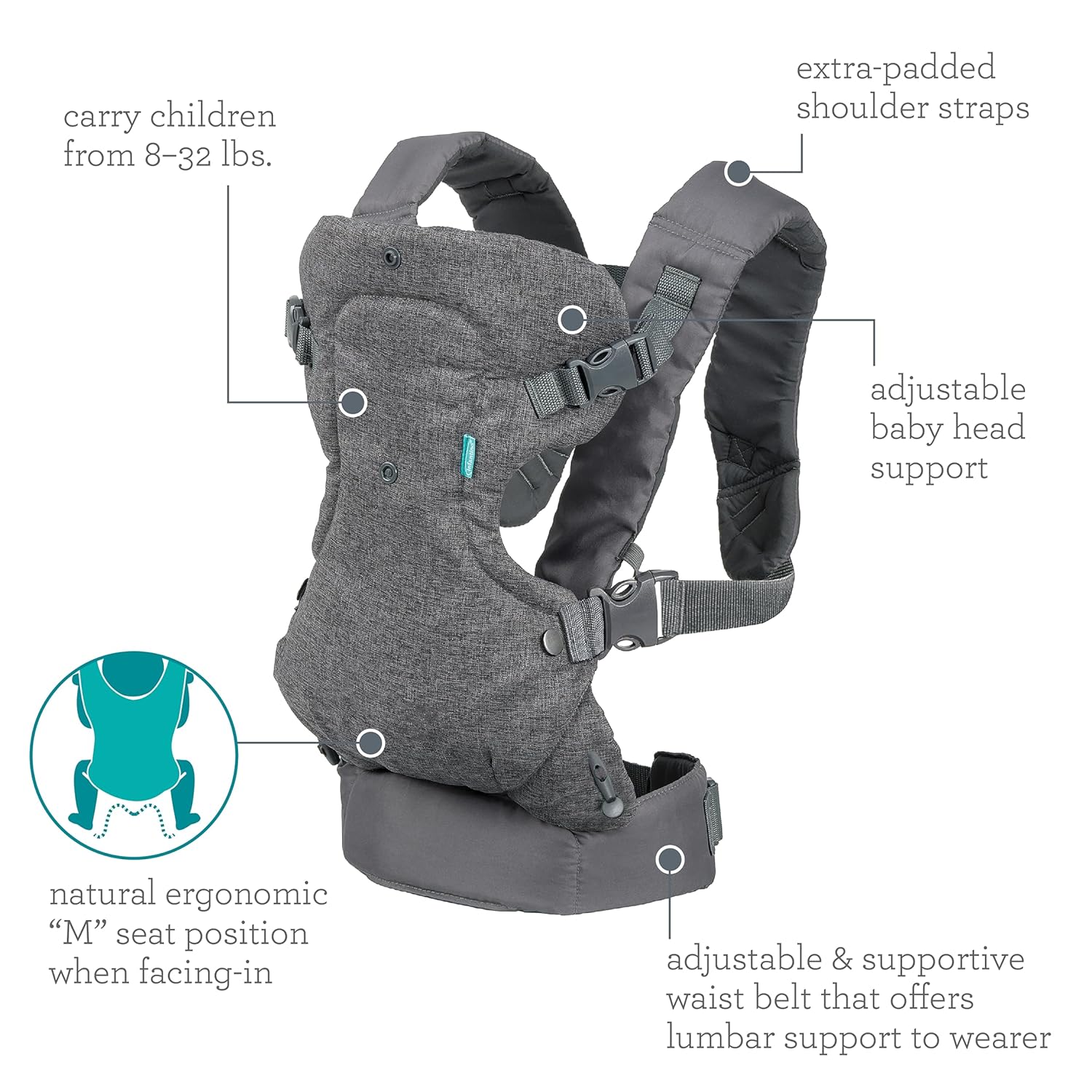 Infantino Flip 4-in-1 Convertible Baby Carrier, Adjustable, Ergonomic Babywearing, Registry Essential, Baby Carrier for Newborn to Toddler, Gray - Image 6