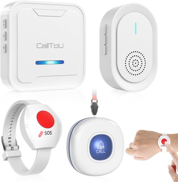 CallToU Wireless Caregiver Pager Call Button for Elderly, Medical Alert Systems for Seniors/Elderly Monitoring with 2 Call Bell, 500+Feet, 1 Plug-in Receiver+1 USB Receiver for Home Patients Emergency