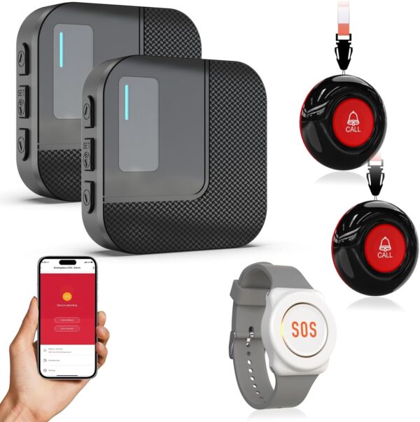 SanJie WiFi Wireless Caregiver Pager Alert System - Emergency Button for Elderly/Seniors/Disabled/Patients, 2 Call Button + 1 Watch + 2 Receiver, 2.4GHz Wi-Fi Only