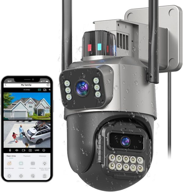 6MP Security Camera Outdoor, Dual Lens Outside Cameras for Home Security with Cord, IP66 Waterproof, AI Tracking, Light Alarm, Color Night, 2-Way Talk, 24/7 Record,SD/Cloud