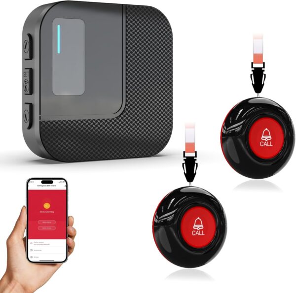 WiFi Caregiver Pager System with Alert Button That Calls Cell Phone - Wireless Nurse Call Button for Elderly, Seniors, Disabled & Kids - 2 SOS Emergency Buttons & 1 Receiver (Only Supports 2.4GHz)