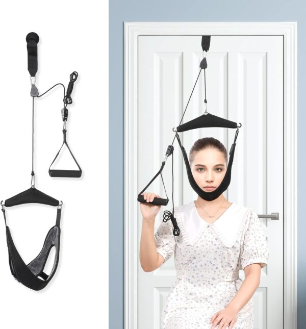 Fanwer Upgraded Neck Stretcher Cervical Neck Traction Device,Double Ratchet Neck Tension Relief Portable Over The Door Device,for Physical Therapy,Neck Pain Relief, Vertebrae Disk Herniation,Black