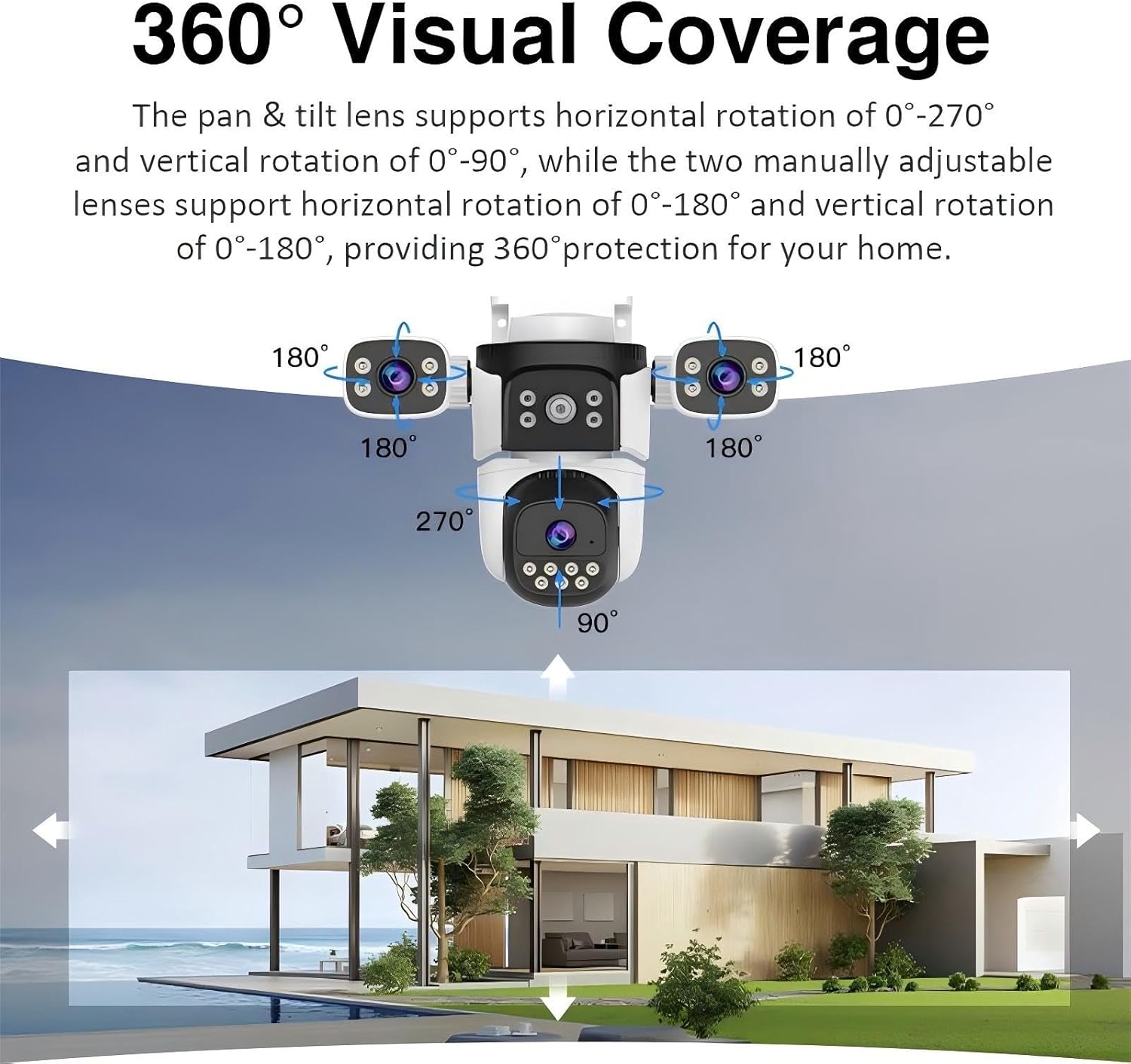 EVERSECU Triple Lens WiFi PTZ Security Camera, Three Cameras in One, Side Cameras with Adjustable All-Angle Arm, 2K 360° View No Blind Spot, Auto Tracking, Spotlight, 2 Way Audio - Image 4