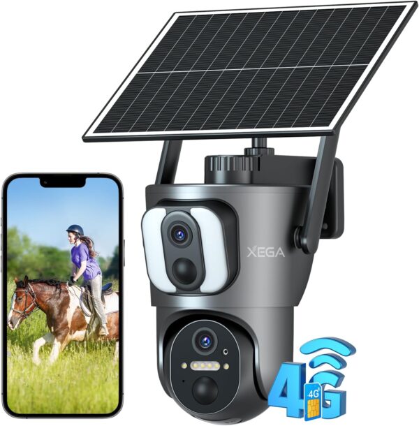 Xega 4G Cellular Security Camera【Dual Lens】 Outdoor with SIM Card, 14400mAh 2K HD Wireless Solar 4G LTE Camera, PTZ Motion Dtetection Spotlight Siren TF Cloud Storage,Only Support The Built-in SIM