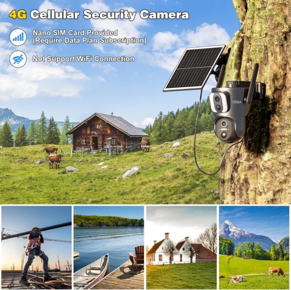 Xega 4G Cellular Security Camera【Dual Lens】 Outdoor with SIM Card, 14400mAh 2K HD Wireless Solar 4G LTE Camera, PTZ Motion Dtetection Spotlight Siren TF Cloud Storage,Only Support The Built-in SIM